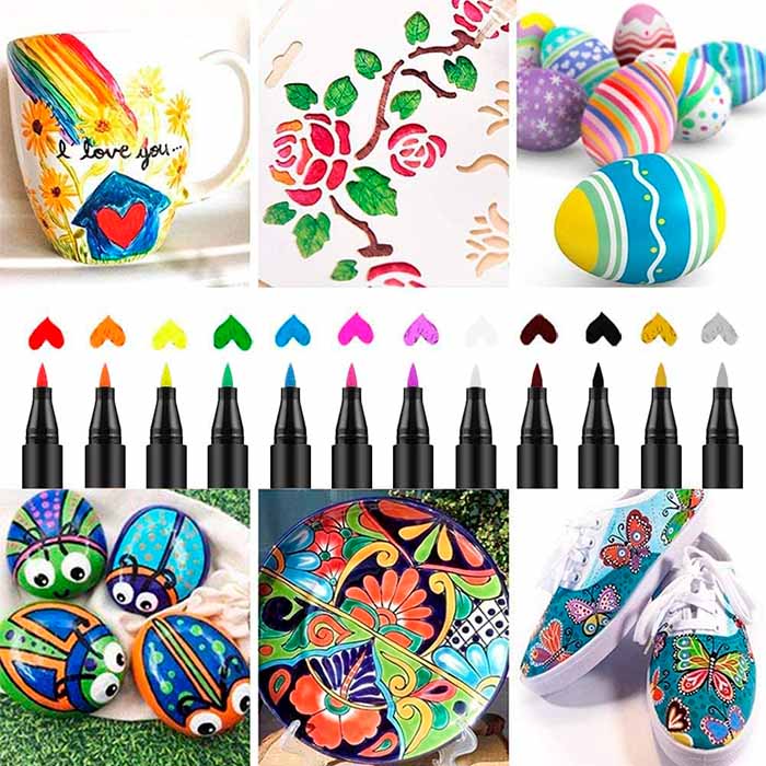 Acrylic markers hold up perfectly on a variety of surfaces such as paper, glass, stone, wood, eggs, ornaments, nails, ceramics, fabric, cups, plastic, clay, metal or canvas!