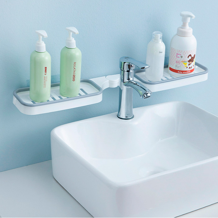 The bathroom shelf has slots for water to drain through, which prevents dirt and mould build-up!