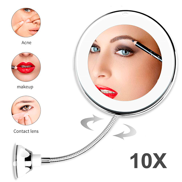 The mirror has a 10x magnification, which allows for precise make-up application, eyebrow plucking, facials, etc.