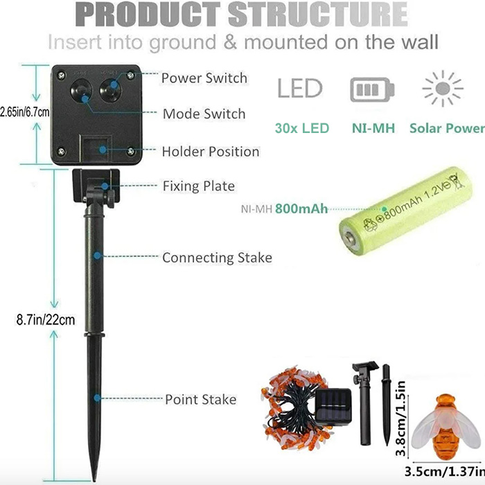 BeeLights, solar lamp with 30 bee-shaped LED lights - Image 2