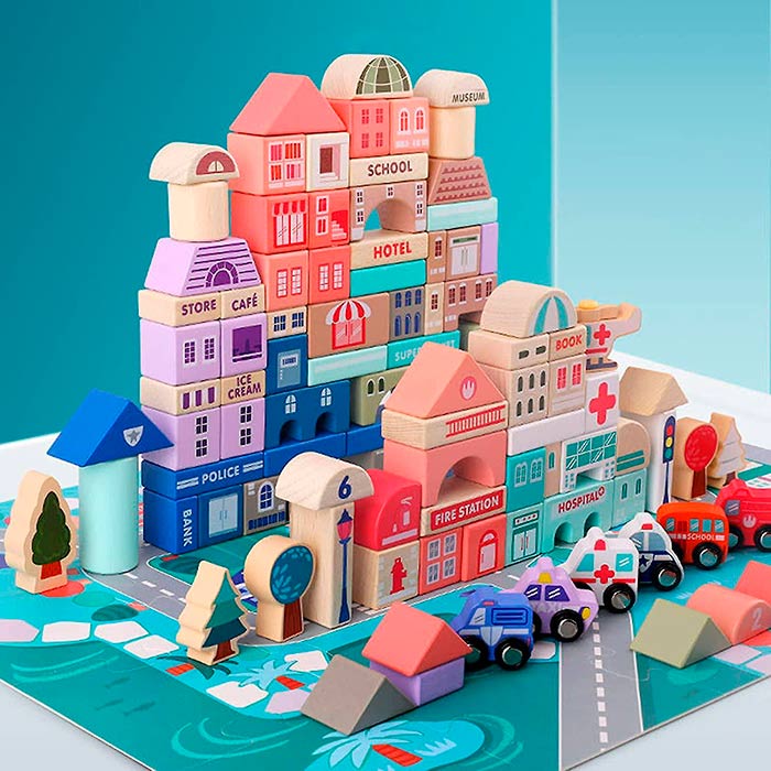 The set also includes a jigsaw mat on which children can build a city