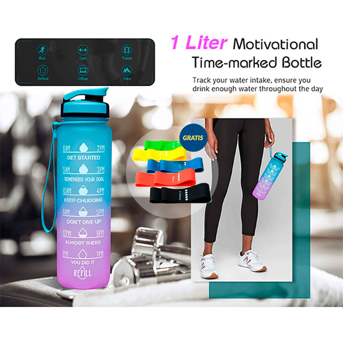 The bottle has time stamps and motivational thoughts to encourage you to drink water!