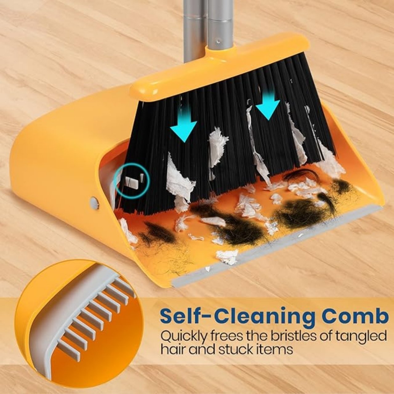 With the built-in teeth on the edge of the dustpan, you simply pull the broom over and instantly remove stuck hair and debris.