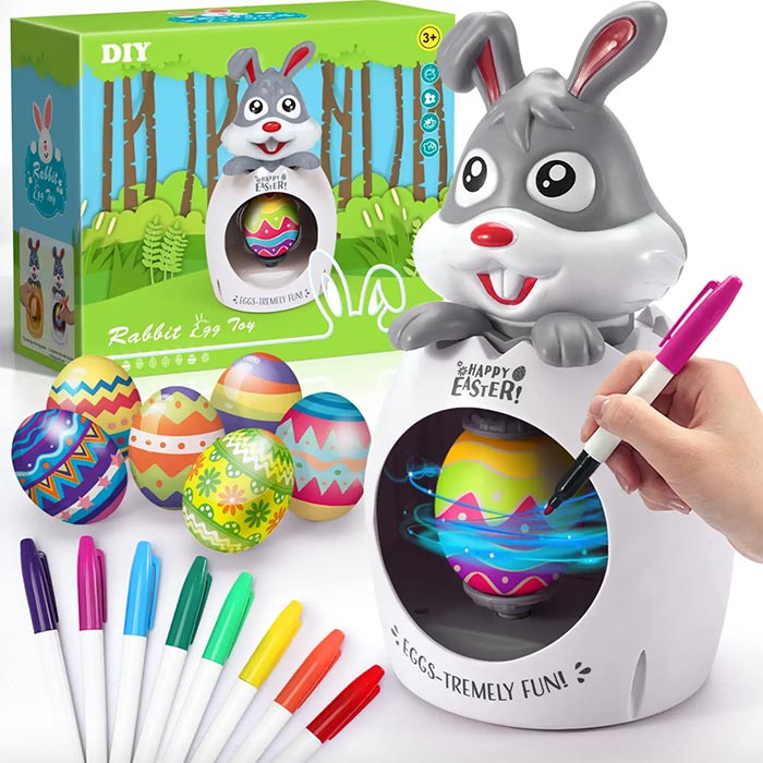 The set also comes with an Easter bunny-themed accessory that holds and spins the egg!