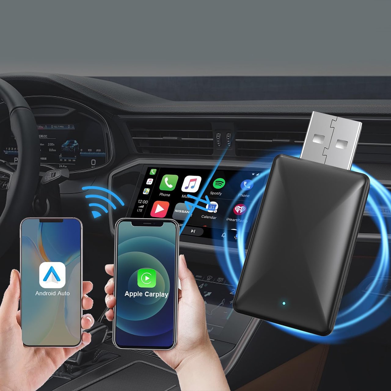 The USB stick allows you to quickly connect (without cables) your phone (CarPlay or Android Auto) to your car!