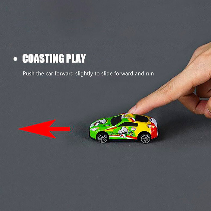 When the little car hits a hard object, it ejects into the air, and when it hits the ground, it resumes driving!
