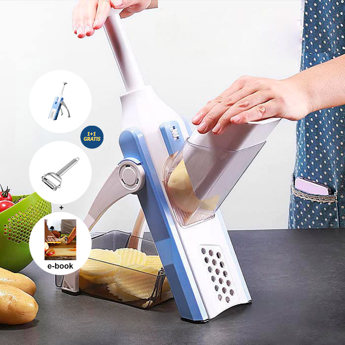 The chopper will cut fruit and vegetables up to 10 times faster than with a regular knife, and you can adjust the shape and thickness of the pieces you cut.