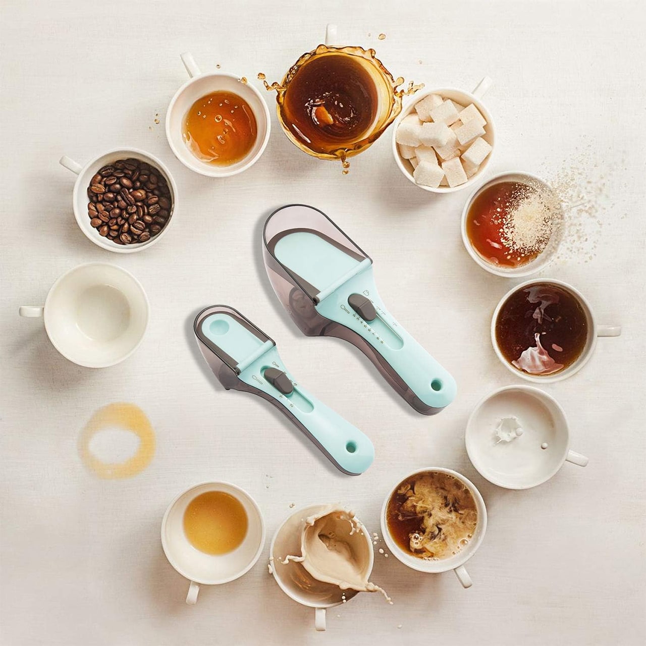 The measuring cup has painted markings for easy dosing of ingredients.