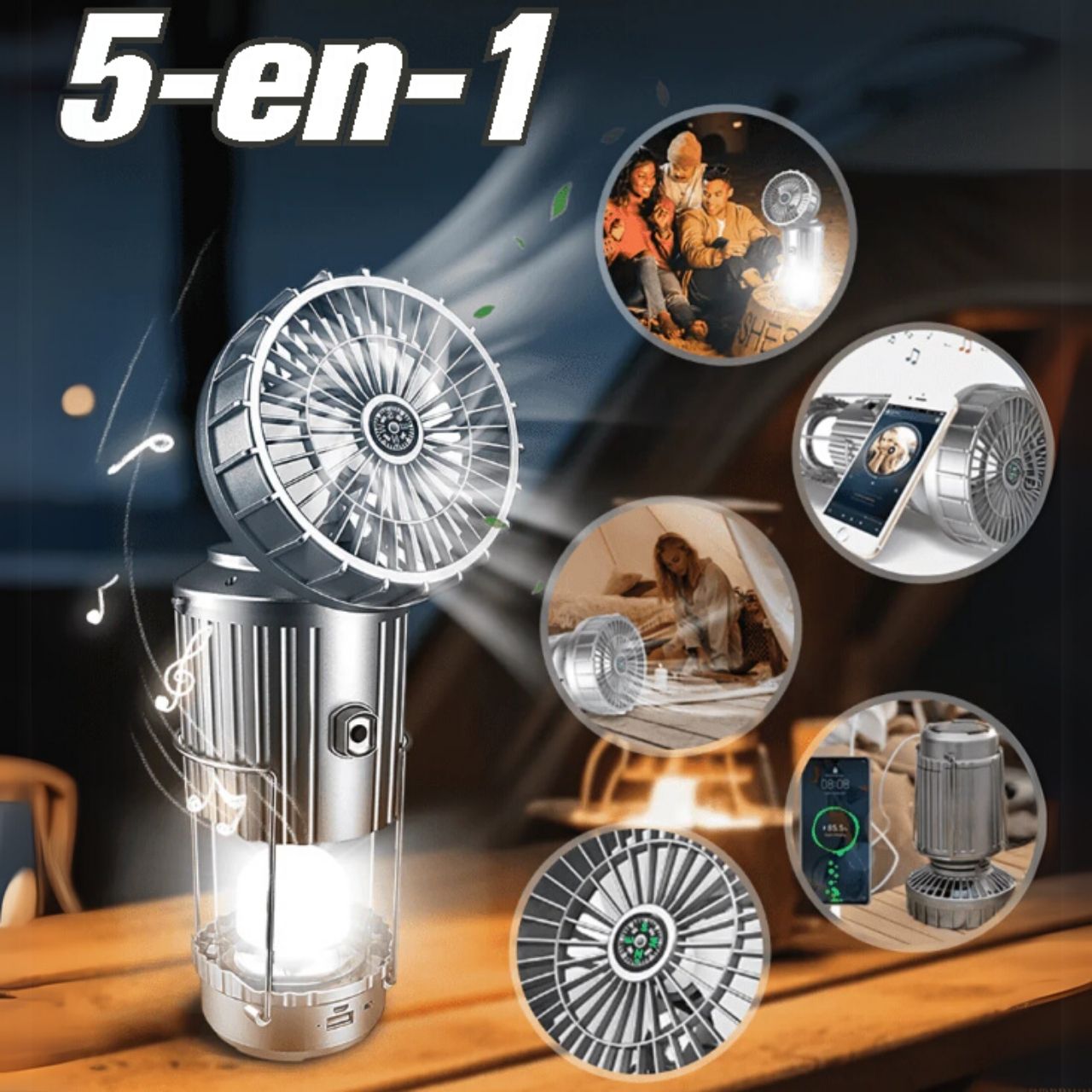 The torch provides powerful light, the fan a nice cooling effect and the speaker an atmosphere with your favourite music. The compass will help you find your way and the battery will charge your phone or other device.