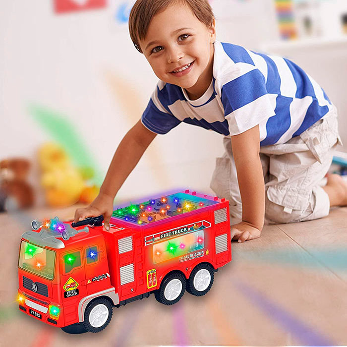 The truck rushes around the area to the sound of sirens and lights and changes direction if it hits an obstacle.