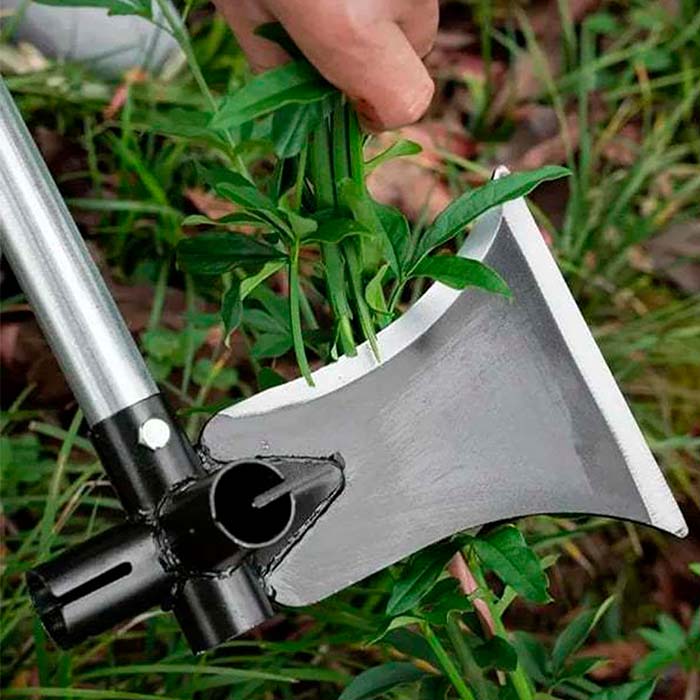 The tool is designed to be a shovel and a weeder in one!