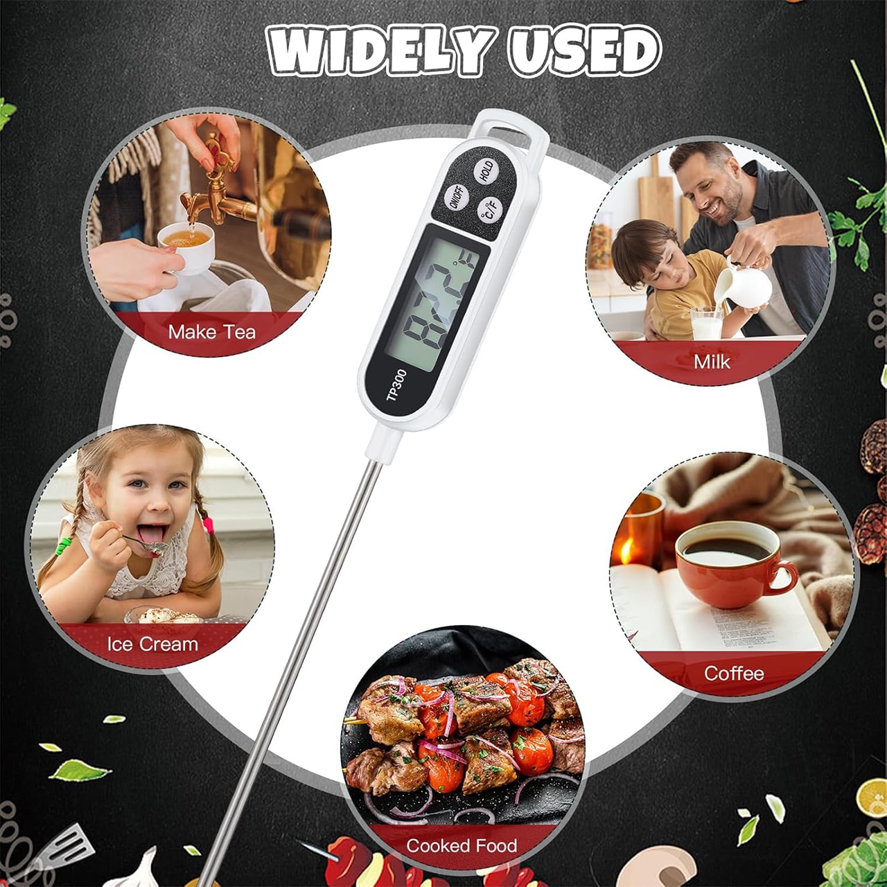 The food temperature thermometer has a wide range of applications - cooking meat, baking bread, measuring the ideal temperature of oil for frying, for confectionery, etc.