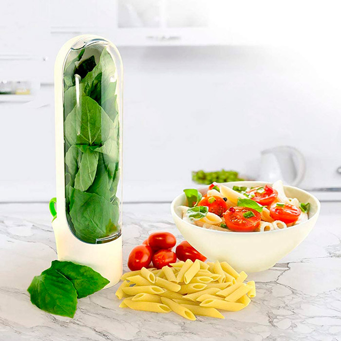 The container has a transparent window which gives you a great view of the spices, fruits, herbs, vegetables, etc. that you are storing!