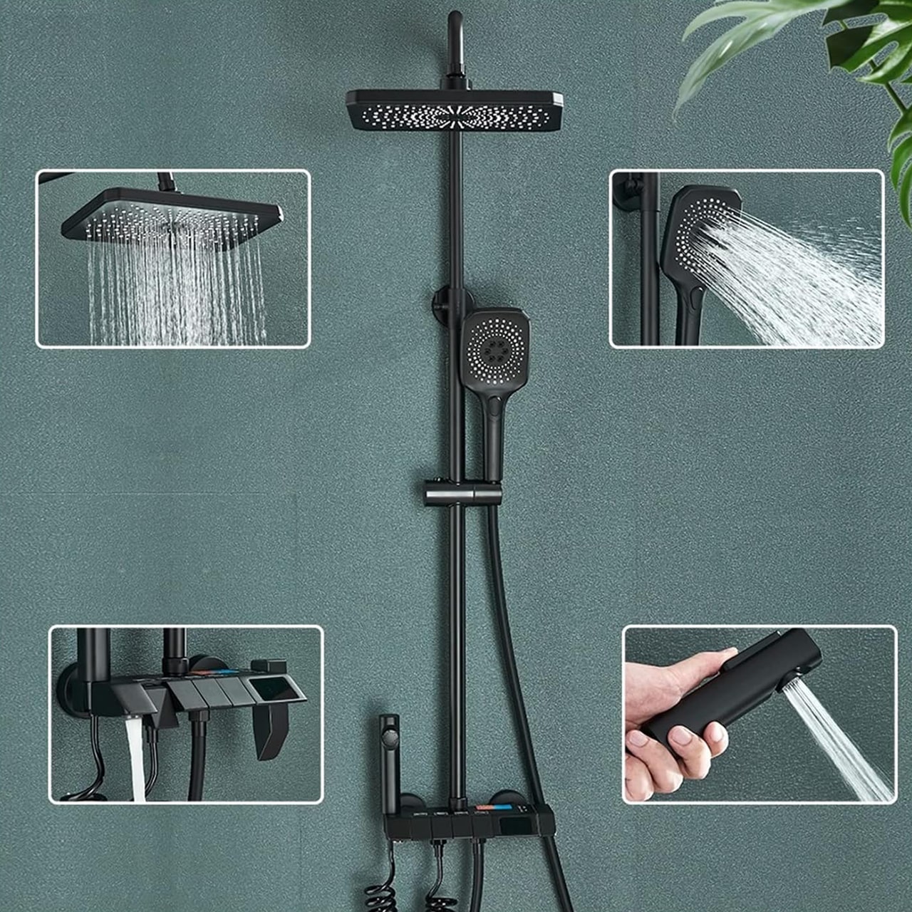 This rich shower set has 4 ways to drain water - top head, shower arm, tap and bottom outlet!