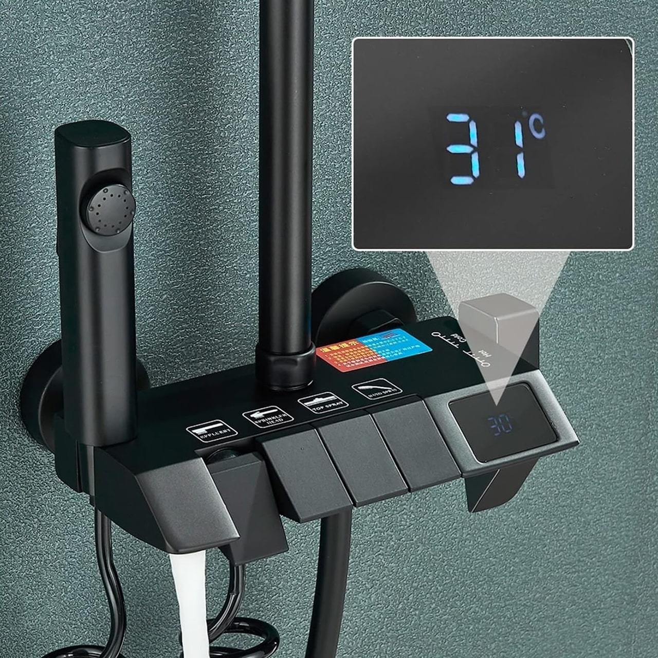 Modern design with digital LED water temperature display.