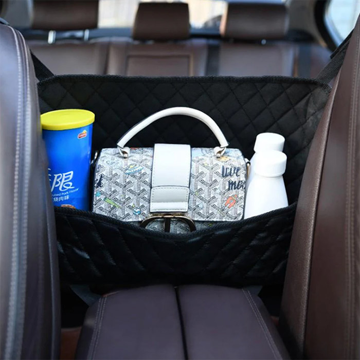 The car organiser is handy for storing various things like your purse, wallet, phone, snacks, etc.