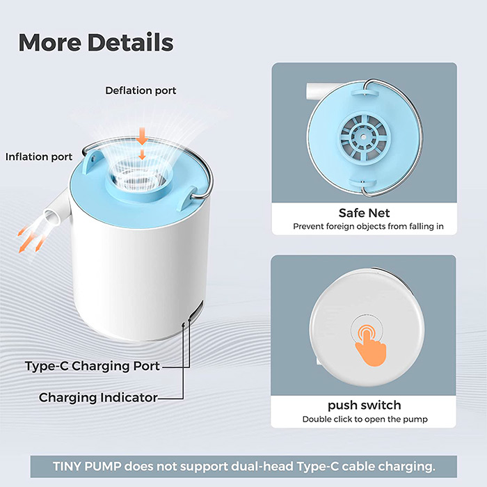 The small but extremely powerful pump has a powerful pressure of 180 l/min, allowing you to inflate 4 - 5 swim rings, 6 - 8 sleeping airbags, 1 - 2 thick air mattresses or 10 - 12 vacuum storage bags at once!
