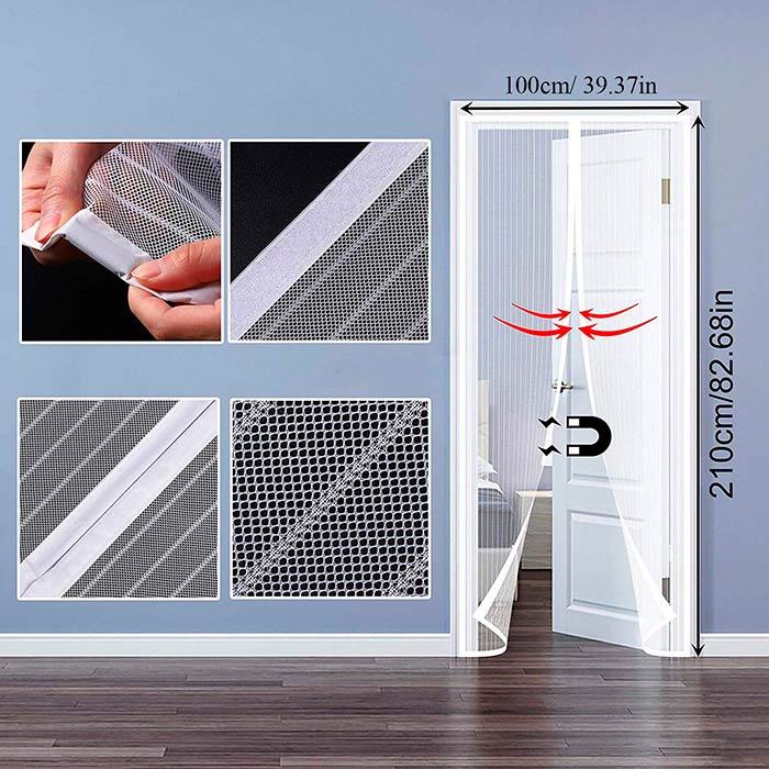 The magnetic net fits perfectly to all types of standard doors (210 x 100 cm)!