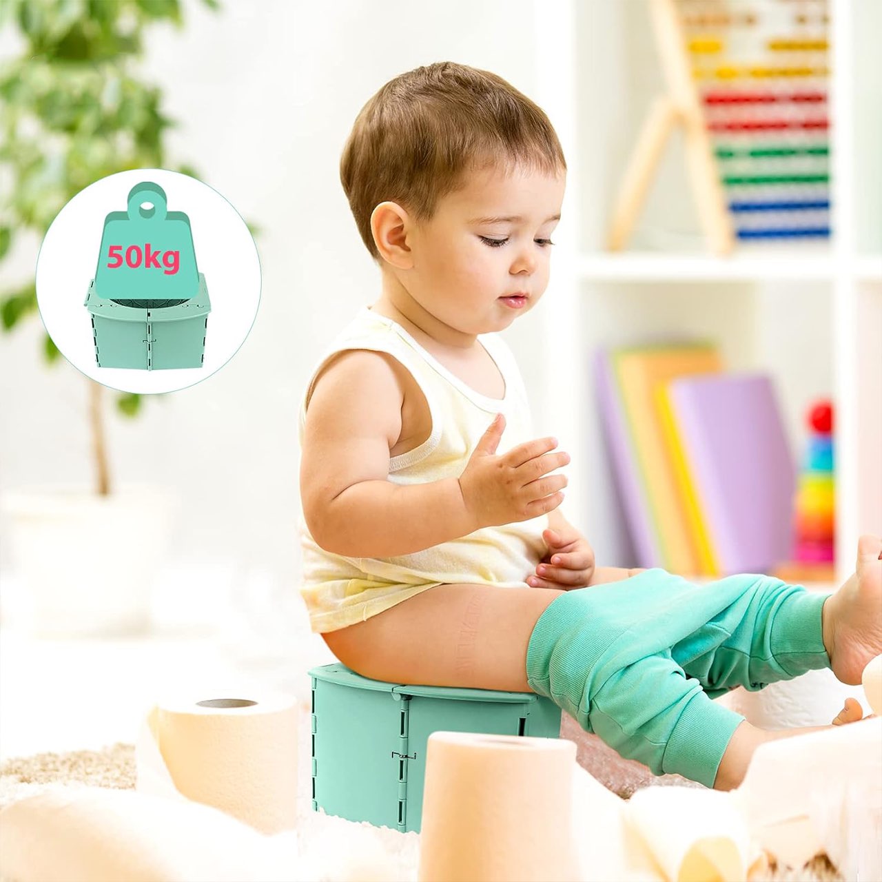 The toilet is just the right size for the child to sit comfortably.