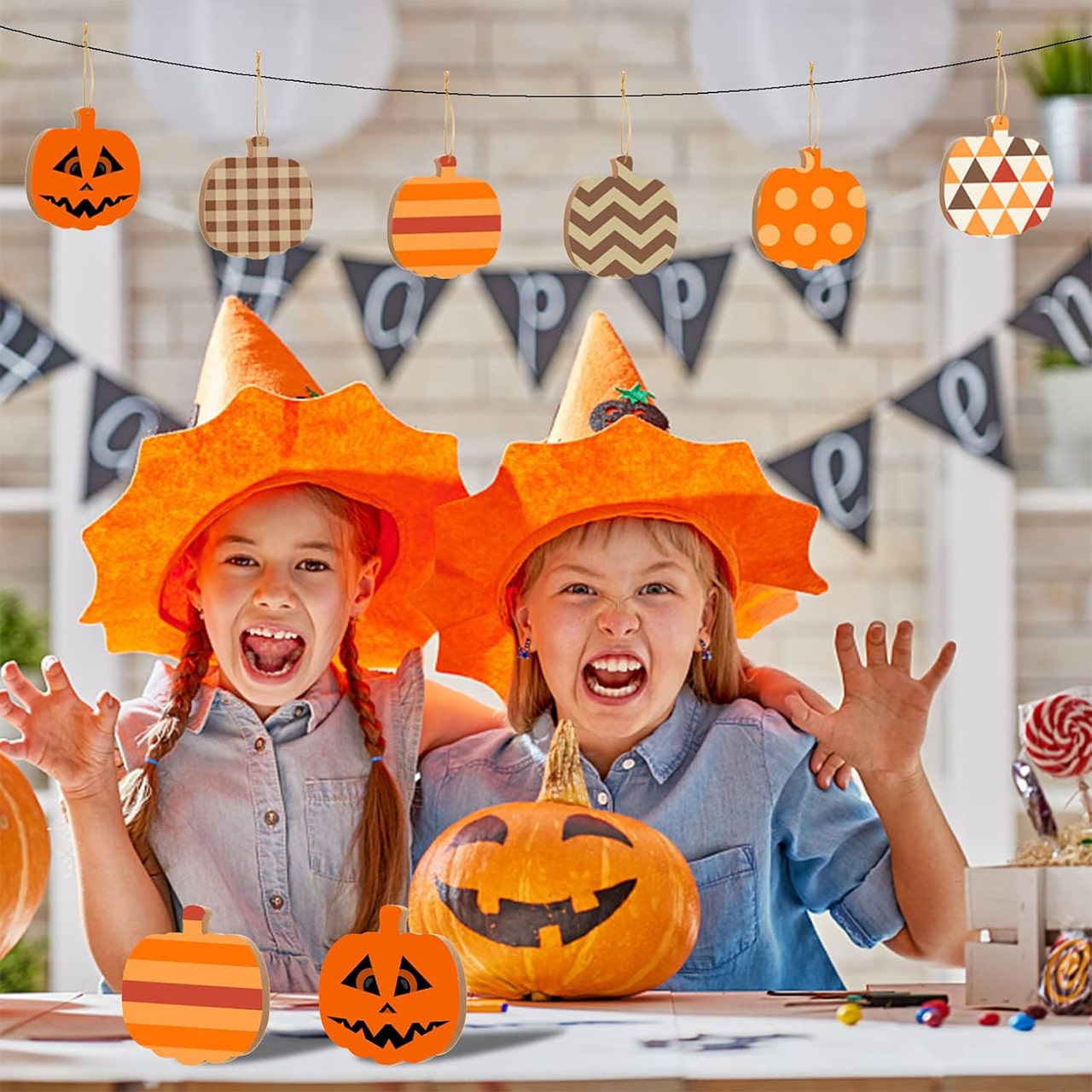 Pumpkins, wooden tiles in the shape of pumpkins to create your own (10 pieces) - Image 2