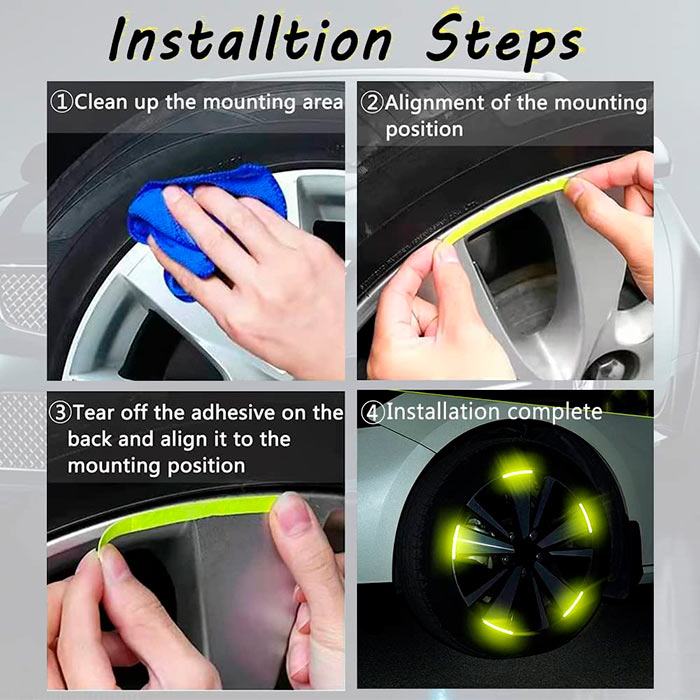Extremely easy to install - the reflective sticker is self-adhesive and has a curved shape, so it fits perfectly on the tyre!