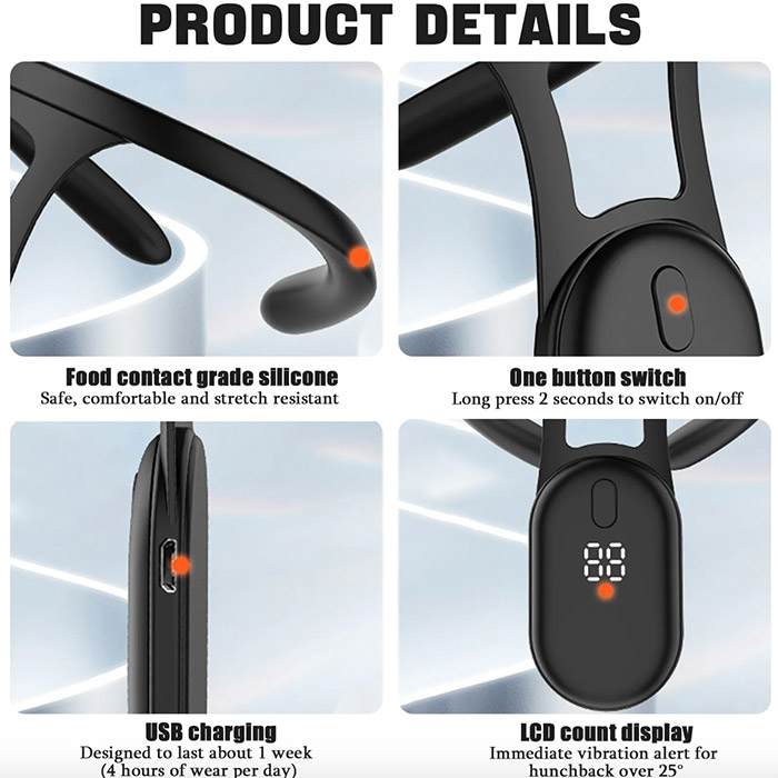 Worn on the upper back, it vibrates to remind you of correct posture!