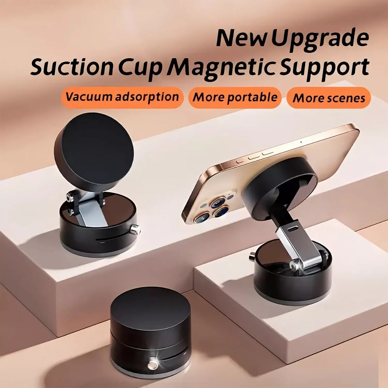 RingMag, universally adjustable magnetic phone holder with vacuum suction cup