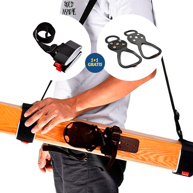 The strap relieves the strain on shoulders, arms and back, and allows easy transport of skis!