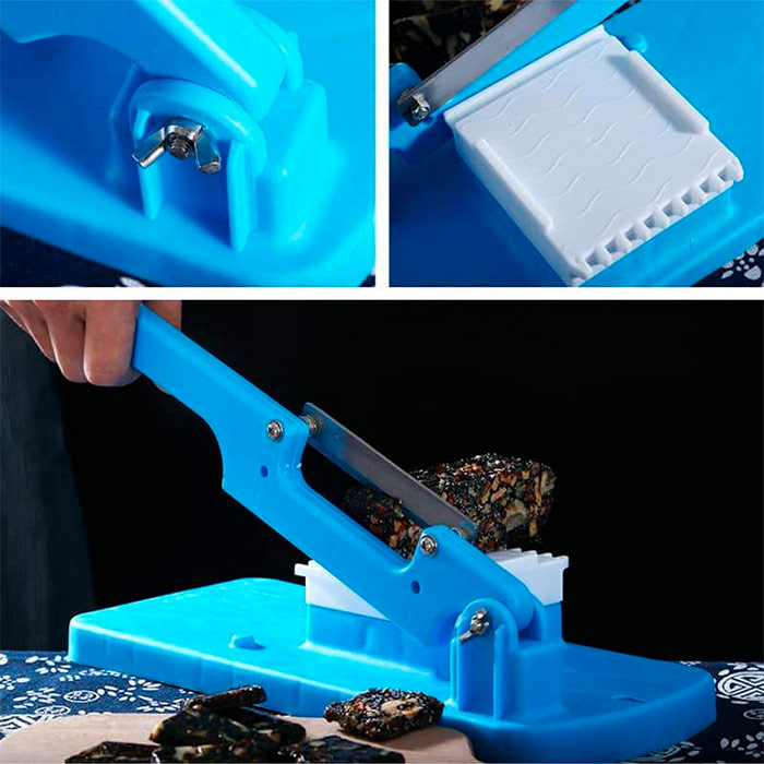 The slicer has a stainless steel base and a knife with an extremely sharp blade!