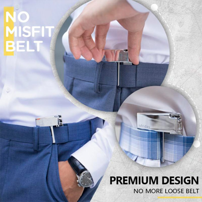 The belt buckle ensures a perfect fit of the pants and skirts to your waist measurements.