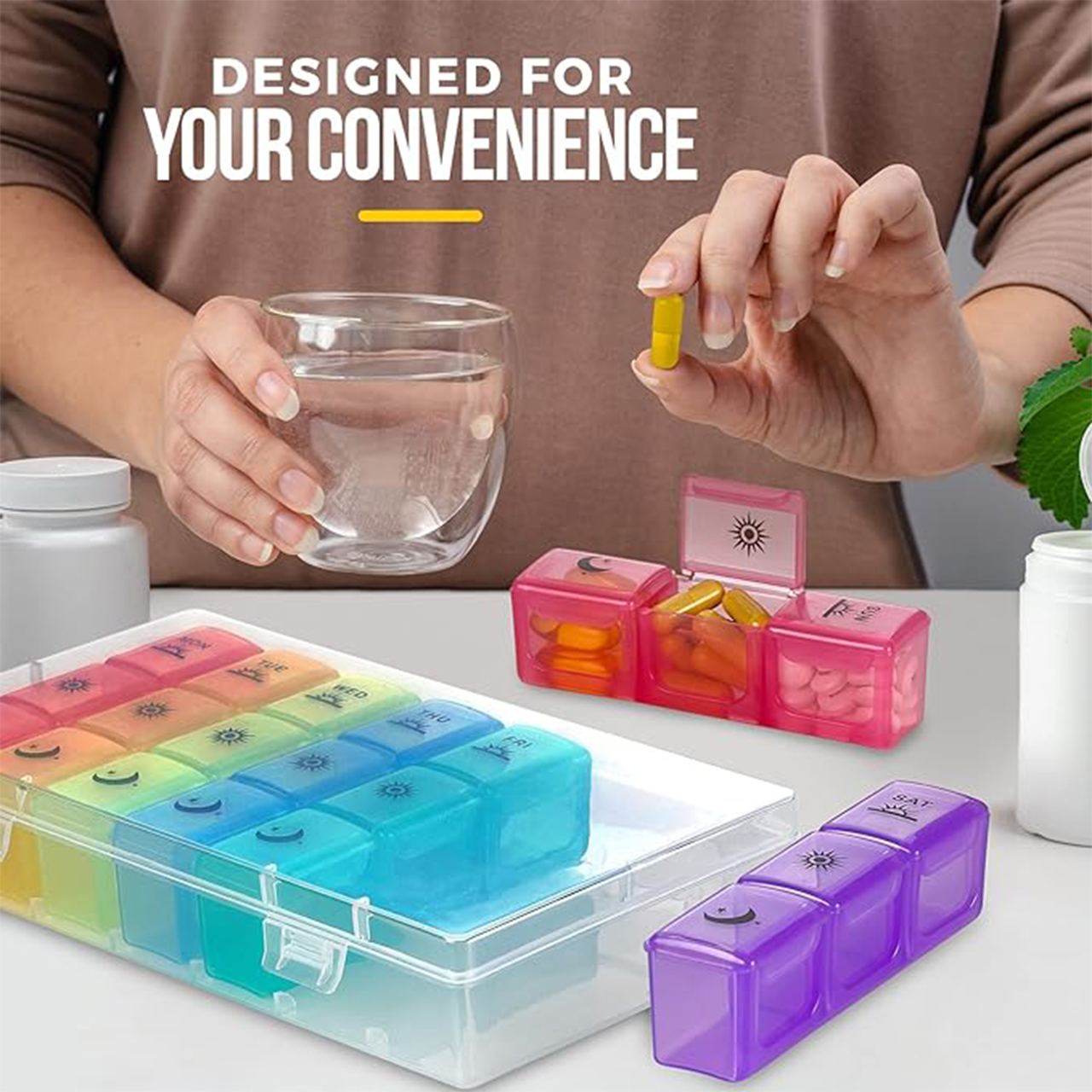 Organise medication or nutritional supplements from Monday to Sunday and in the morning, during the day and in the evening.
